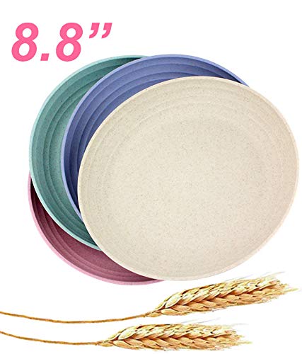 Product Cover Lightweight Unbreakable Wheat Straw Plates - 4 Pack 8.8'' Large Dinner Plates - Non-Toxin Healthy Eco-Friendly Dishwasher Microwave Safe - Degradable Dessert Dishes Salad Fruit Snack Plates.