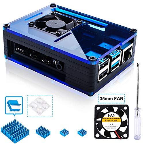 Product Cover Miuzei Case for Raspberry Pi 4 with Large Fan and 4 × Aluminum Heat Sinks for Raspberry Pi 4 Model B(Pi 4 Board Not Included)-Black/Blue