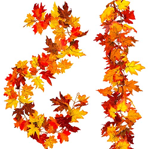 Product Cover Whaline 2 Pcs Artificial Autumn Maple Leaves Garland, Fall Hanging Plant for Home Garden Wall Doorway Backdrop Fireplace Decoration, Wedding Party Thanksgiving Decor (Deep)