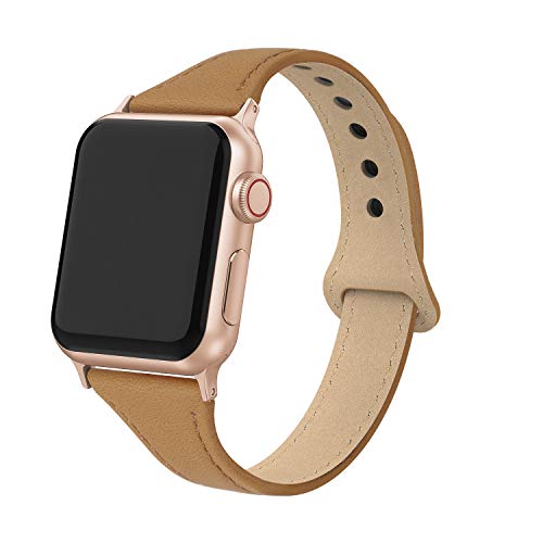 Product Cover Bandiction Leather Band Compatible with Apple Watch Band 38mm 40mm, Genuine Leather Slim Strap for iWatch Apple Watch Series 4 Series 3 Series 2 Series 1, Sports & Edition Women Men (Classic Brown)