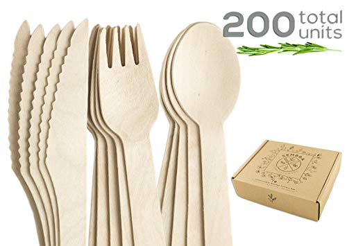 Product Cover Sembra Compostable Wooden Cutlery Set - Biodegradable Disposable Bamboo Utensils and Plastic Alternative Flatware - Eco Friendly Party Silverware -100 Forks 50 Spoons 50 Knives in Chic Container