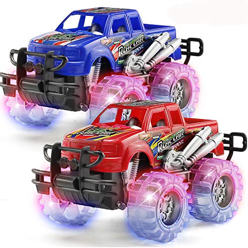 Product Cover 2 Pack Light Up Monster Truck Car Toy with Beautiful Flashing LED Tires, Best Birthday Gift for Boy Girl Ages 3+, Push n Go Cars, Friction Toy, Race Truck Car for Kid Party Favors and Daily Play