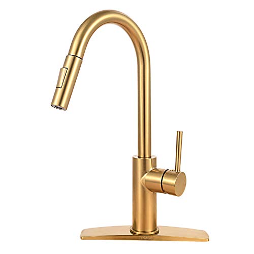 Product Cover Gold Kitchen Sink Faucet with Pull Down Sprayer, Pull Out Flexible 2 Mode Spray and Deck Plate Brushed Gold