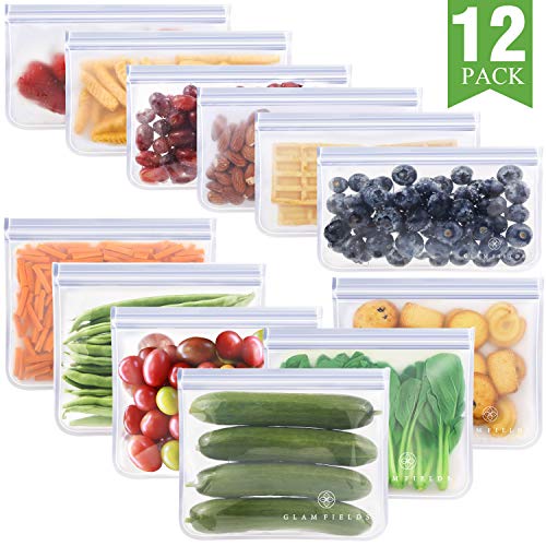 Product Cover 12 Pack Reusable Storage Bags, Glamfields Waterproof Reusable Snack Bags Leakproof Freezer Ziplock Bags Food Grade PEVA Lunch Bags for Sandwich and Fruit (12 Pack)