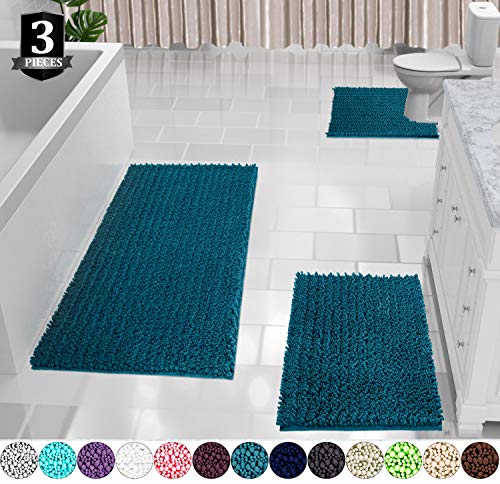 Product Cover Yimobra Shaggy Chenille 3 Piece Bath Mat Set, Extra Large Bathroom Mats + Bathroom Rugs + Contour Toilet Mat, Soft and Comfortable, Water Absorbent and Thick, Non-Slip, Machine Washable, Peacock Blue