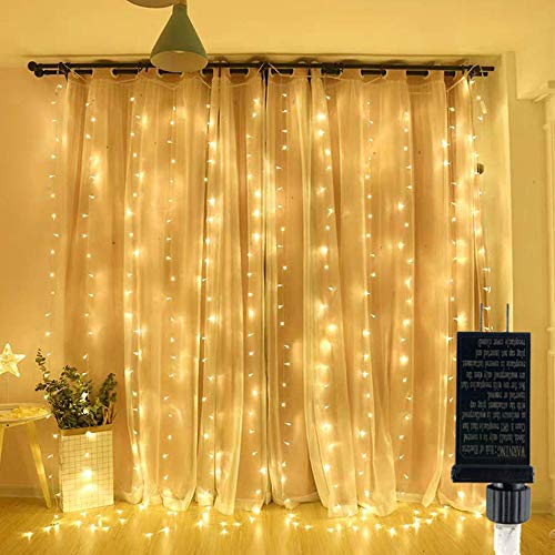 Product Cover 300 LED Curtain String Lights Plug in Window Fairy Lights Christmas Waterproof Twinkle Lights 8 Modes Hanging Lights for Indoor Outdoor Wall Bedroom Party Wedding Backdrop Decor-Warm White
