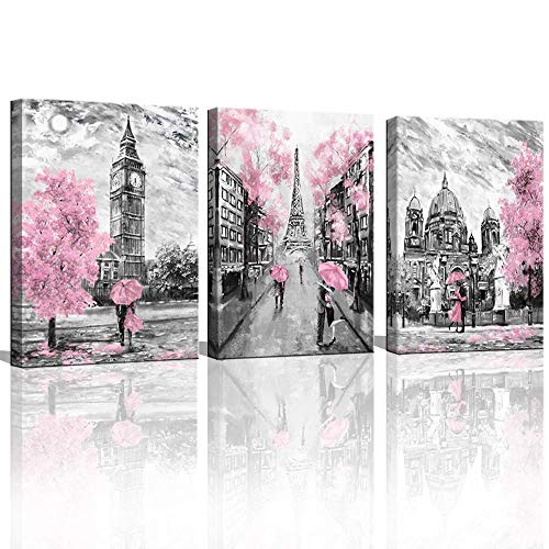 Product Cover CANVASZON Black and White Canvas Wall Art for Living Room Bedroom Bathroom Girls Pink Paris Theme Room Decor Oil Painting Print London Big Ben Tower Eiffel Painting for Wall Decor Pink