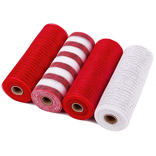 Product Cover LaRibbons Deco Poly Mesh Ribbon - 10 inch x 30 feet Each Roll - Metallic Foil Red and White Rolls for Wreaths, Swags and Decorating - 4 Pack