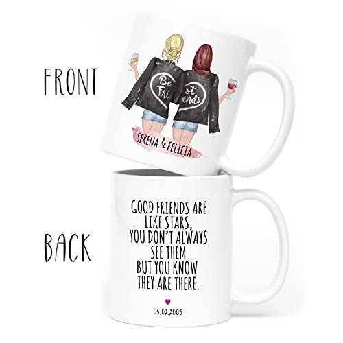 Product Cover Custom Best Friend Coffee Mug for Women - Long Distance Friendship - Choose Hair - Skin Color Personalized Cup w Names for Besties, Bff, Good Friends Birthday - Moving Away, Christmas Gifts w Quote #1