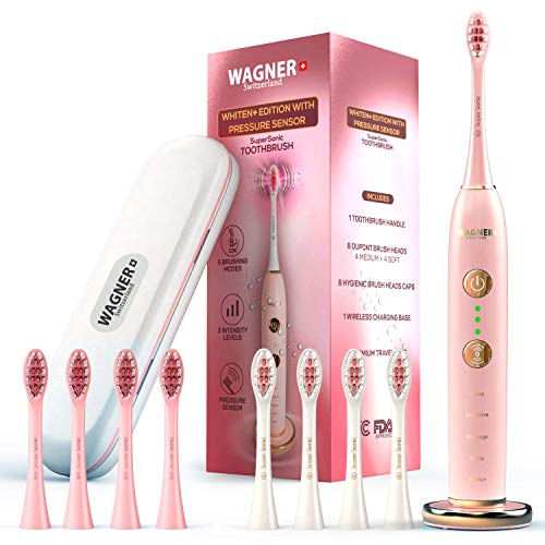 Product Cover WAGNER Switzerland WHITEN+ EDITION. Smart electric toothbrush with PRESSURE SENSOR. 5 Brushing Modes and 3 INTENSITY Levels, 8 DuPont Bristles, Premium Travel Case.