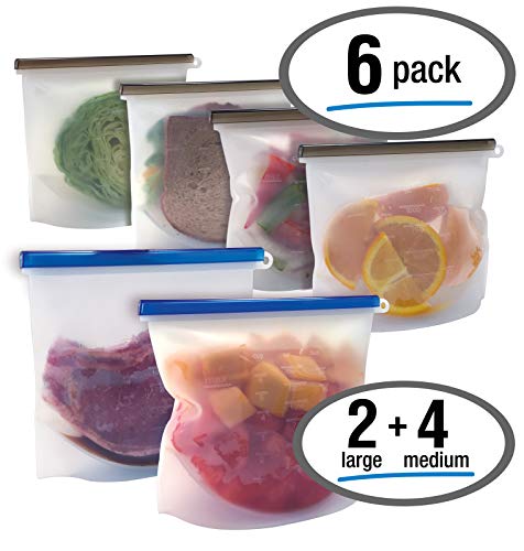 Product Cover Silicone Reusable Food Storage Bags (Set of 6) (2 Large 50oz + 4 Medium 33.8oz), by Better Kitchen Products, Airtight, Expandable Gusset, Easy Stand-Up, for Solids, Liquids, Refrigerator and Freezer,
