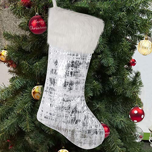 Product Cover TFWell Christmas Stockings, 21 inch Silver White Christmas Stockings with Shiny Silver and Faux Fur Cuff for Family Holiday Christmas Party Decorations