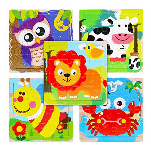 Product Cover Wooden Jigsaw Puzzles Set for Kids Age 2 3 4 Year Old, WOOD CITY Animal Toddler Puzzles 16 Pieces, Preschool Educational Learning Toys, Gift for Boys and Girls (5 Puzzles)