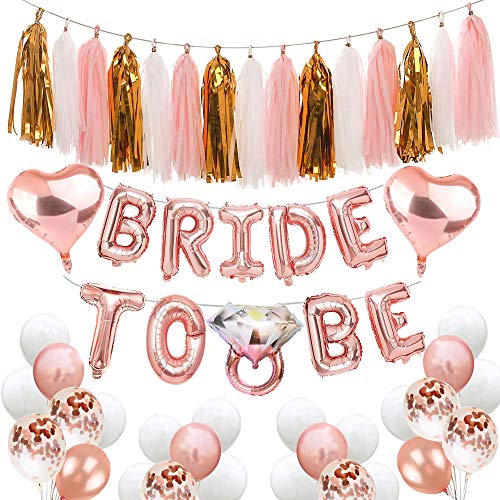 Product Cover Bachelorette Party Decorations Bridal Shower balloons Kit Includes:Bride To Be Balloons Banner +Diamond Ring Balloons+Heart Foil Balloons+Paper Tassels Party Garland+Rose Gold Confetti Balloons