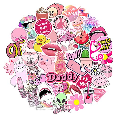 Product Cover Big Stickers 50pcs for Water Bottles Pink Cute Theme Waterproof Aesthetic Trendy Stickers for Teens Kids Girls and Boys, Perfect for Hydro Flask Laptop Notebook Phone Car Travel Durable 100% Vinyl