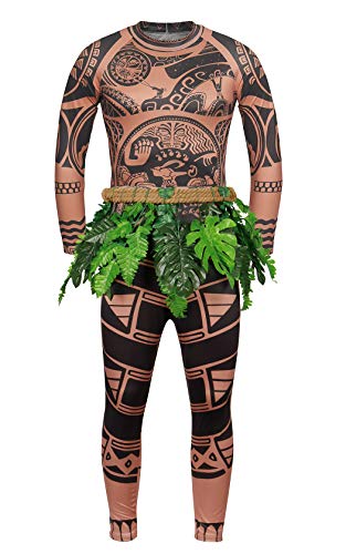 Product Cover AmzBarley Costume for Mens Halloween Cosplay Fancy Dress Up Long Sleeve Tattoo Top and Pant Set with Grass Skirt Size XXL