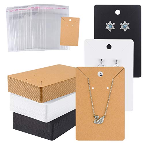 Product Cover MIAHART 150 Set Earring Cards, Earring Display Cards with Self-Sealing Bags for Stud Earrings Dangle Earring Holder Card for Selling (White, Black, Kraft)