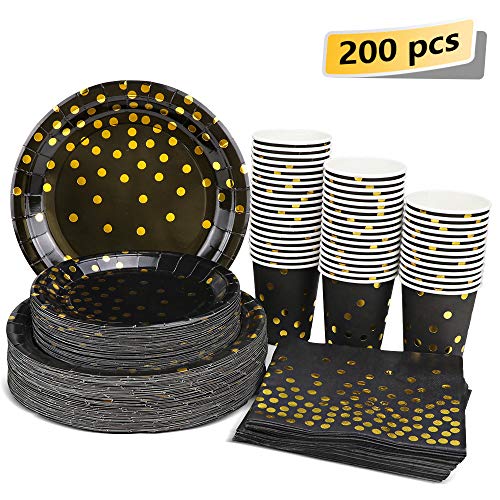 Product Cover Black and Gold Party Supplies - 200PCS Disposable Black Paper Plates Dinnerware Set Gold Dots 50 Dinner Plates 50 Dessert Plates 50 9oz Cups 50 Napkins Wedding Birthday Party Baby Shower Christmas