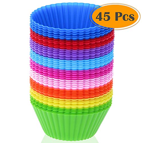 Product Cover Silicone Cupcake Liners, Selizo 45 Pcs Reusable Silicone Baking Cups Nonstick Muffin Molds for Cake Balls, Muffins, Cupcakes and Candies, Assorted Bright Colors