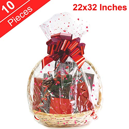 Product Cover Easter Clear Basket Bags, Valentine's Day Cellophane Bag 10 Pack Clear Printed Wrap Cello Bags for Baskets,Christmas Gifts,Stuffed Toys, 22x32 Inches 2.0 Mil