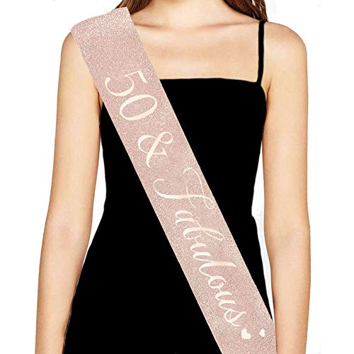 Product Cover LAUMAY 50th Birthday Sash, 50 & Fabulous Glittery Sash, Birthday Gifts for Women Party Supplies Favors Decorations (Rose Gold)