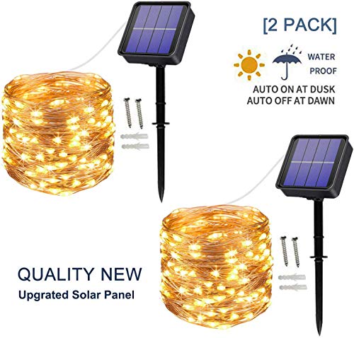 Product Cover [2 Pack] Solar String Lights outdoor, 100LED 10M/ 33Ft 8 Modes Solar Fairy Lights Waterproof Outdoor/Indoor Garden Lights Copper Wire Lighting for Wedding, Patio, Yard, Festoon, Christmas (Warm white)