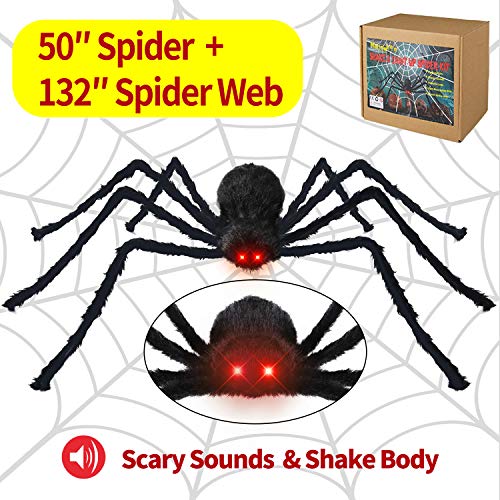 Product Cover Halloween Decorations Outdoor Spider 4.1ft, with LED Eyes, Spooky Sound + 11ft Rope Spider Web + 70sqft Stretch Spiders Web with Gift Box Halloween Decor Indoor, Outdoor, Party, Bedroom (L-4.1ft)