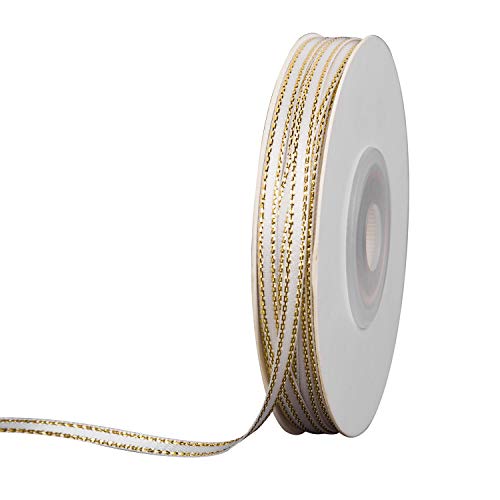 Product Cover LaRibbons 1/8 Inch White Ribbon with Gold Edge for Decoration, Craft, Gift Wrappping - 30 Yard/Spool