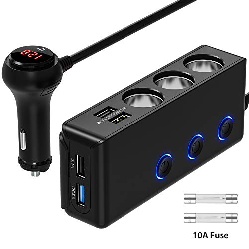 Product Cover [Updated Version]QUICK CHARGE 3.0 Cigarette Lighter Adapter, 120W 12V/24V 3-Socket Power Splitter DC Outlet with 8.5A 4 USB Ports Multifunction Car Charger, LED Display Voltage, Upgraded On Off Switch