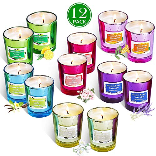 Product Cover Vanrener Soy Candle Strong Scented Candles - Aromatherapy Candles Long Lasting Candles Color Plating Glass Jar Candle (Lemon, Lavender, Rose ，Jasmine，Vanilla，Bergamot) -12 Pack