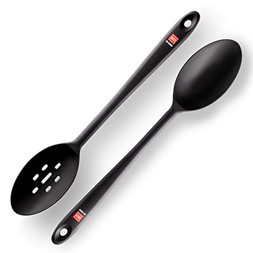 Product Cover Di Oro Seamless Series 2-Piece Silicone Spoon Set - 600F Heat-Resistant Rubber Non-Stick Slotted and Solid Spoons for Mixing and Serving - LFGB Certified and FDA Approved Pro-Grade Silicone - Black