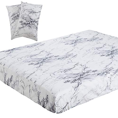 Product Cover Vaulia Lightweight Microfiber Sheets, White Marble Pattern, Full Size 3-Piece Set (1 Fitted Sheet, 2 Pillowcases)