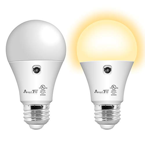 Product Cover Dusk to Dawn Light Bulb- 2 Pack, AmeriTop A19 LED Sensor Light Bulbs; UL Listed, Automatic On/Off, 800 Lumen, 10W(60 Watt Equivalent), E26 Base, 3000K Warm White, Indoor/Outdoor Lighting Bulb