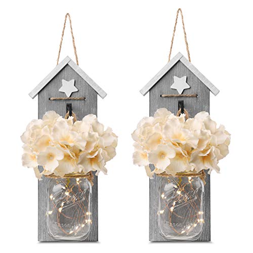 Product Cover GBtroo Rustic Mason Jar Sconce Set of Two - Home Decor Hanging Wall Sconces Jars with LED Fairy Lights for Kitchen, Bathroom, Bedroom Decoration - Vintage, White and Grey Farmhouse Decorations