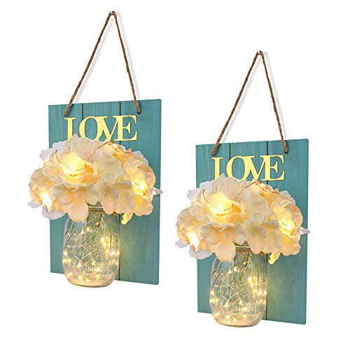 Product Cover FineUsea Set of 2 Mason Jars Sconce, Rustic Home Decor Wall Wood Art Sconces Hydrangea Flowers LED Fairy Lights for Country House Office Dining Room Decor (Blue)