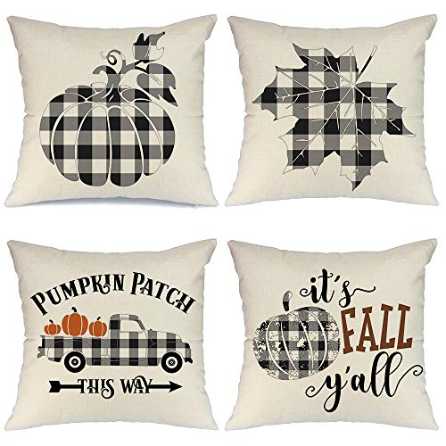 Product Cover AENEY Fall Pillow Covers 18x18 inch Set of 4 Buffalo Check Plaid Pumpkin Throw Pillows for Fall Thanksgiving Decor Farmhouse Fall Decorations Decorative Pillows