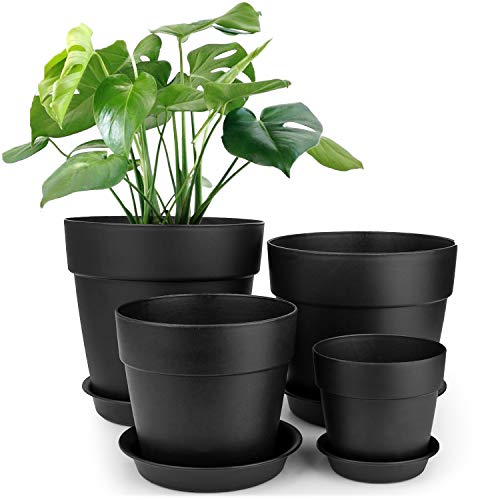 Product Cover HOMENOTE 7/6.5/5/3.7 inch Plastic Planters Indoor Set of 4 Black Plant Pots with Drainage Trays Modern Round Flower pots for House Plants, Succulents, Flowers