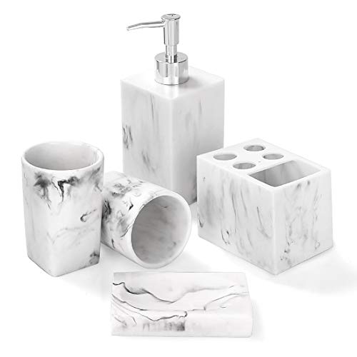 Product Cover Bathroom Accessories Set, 5 Piece Marble Complete Bathroom Set for Bath Decor, Includes Toothbrush Holder, Soap Dispenser, Soap Dish, 2 Tumblers, Ink White
