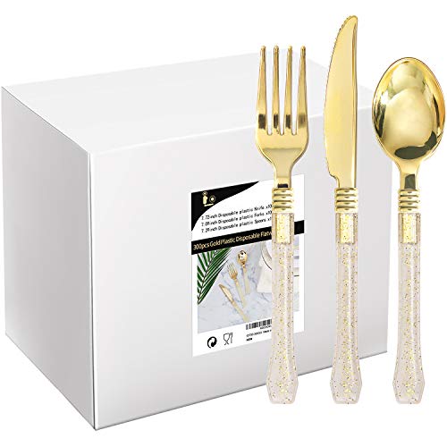 Product Cover 300 PCS Gold Disposable Silverware, Plastic Cutlery with Gold Glitter Handle, Unique Design Flatware Set Includes: 100 forks, 100 knives, 100 spoons
