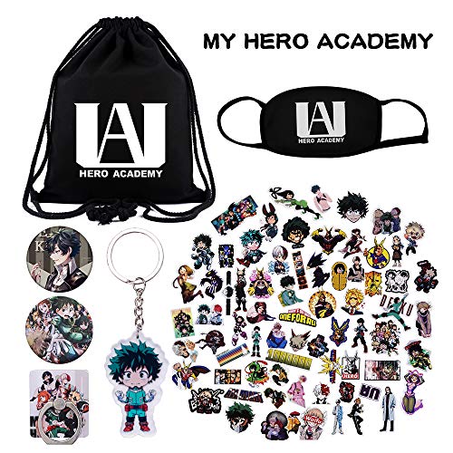 Product Cover KINON My Hero Academia Gift Sets - 1 Drawstring Bag, 73 Cartoon Laptop Stickers, 1 Face Mask, 2 Button Pins, 1 Phone Ring Holder, 1 Keychain