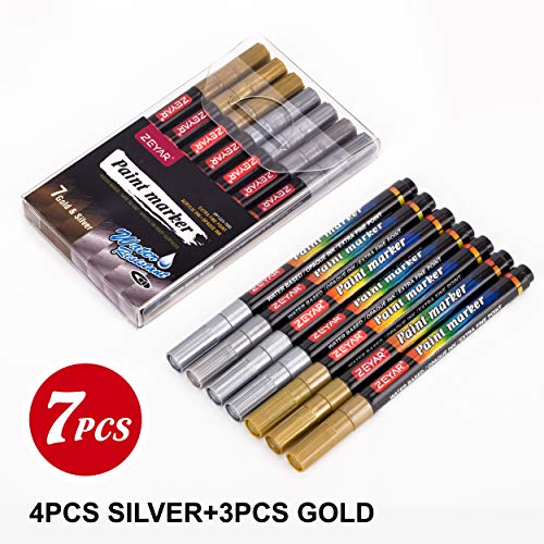 Product Cover ZEYAR Acrylic Paint Pens, Water Based, Set of 7, Extra Fine Point, Great for Rock Painting, Ceramic, Glass, Wood and smooth surfaces, Opaque ink (Gold & Silver)