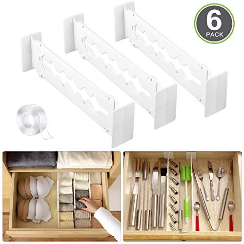 Product Cover Runpo Adjustable Drawer Divider 6 Pack with Traceless Transparent Nano Gel Mat Tape Strong Secure Hold in Place - for Bedroom Bathroom Closet Baby Drawer Desk Kitchen Storage White