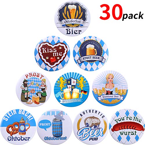 Product Cover 30 Pieces Oktoberfest Buttons Pins Bavarian Style Badges, 10 Different Patterns Oktoberfest Festivities Printed Pins Buttons for Oktoberfest Party Supplies and Decorations