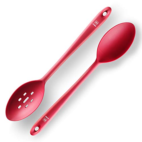 Product Cover Di Oro Seamless Series 2-Piece Silicone Spoon Set - 600F Heat-Resistant Rubber Non-Stick Slotted and Solid Spoons for Mixing and Serving - LFGB Certified and FDA Approved Pro-Grade Silicone - Red