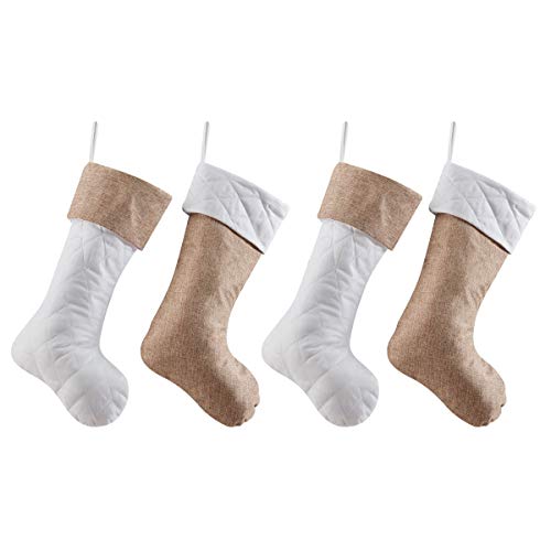 Product Cover Lalent 4 Pack Christmas Stockings, 18 inches Large Thick White Quilted or Jute Burlap Luxury Stockings Gifts for Family Holiday Xmas Party Decoration Mantel Ornament (White/Jute)