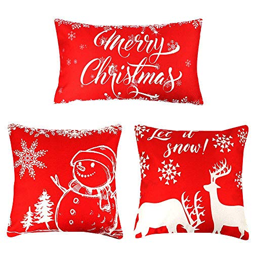 Product Cover FUNARTY 3pcs Christmas Pillow Covers Christmas Decorations for Couch Cotton Linen Decoration Red Christmas Pillowcases Cushion Case for Home Decor