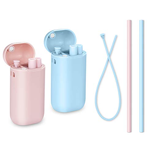 Product Cover Reusable Silicone Straws, Collapsible Portable Straws, Foldable Drinking Straws for Party, Travel, 2 Pack (Pink & Blue)