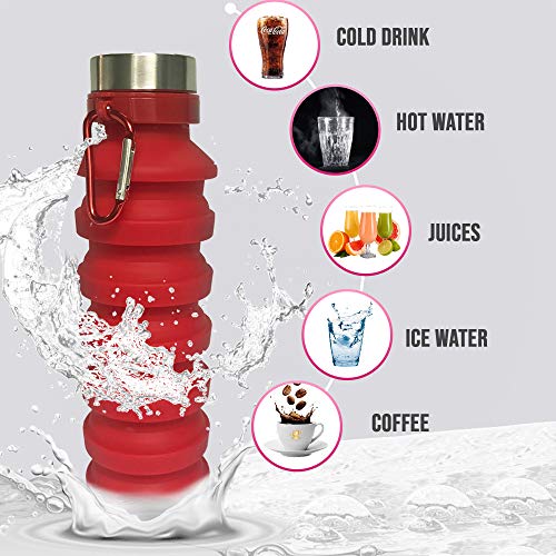 Product Cover JayDee Red Collapsible Silicone Water Bottle - Compact Workout, Beach, Festival, Travel Drinking Container - Leak and Shockproof, 100% Safe Material - Easy to Clean with Wide Opening, Fits Ice Cubes
