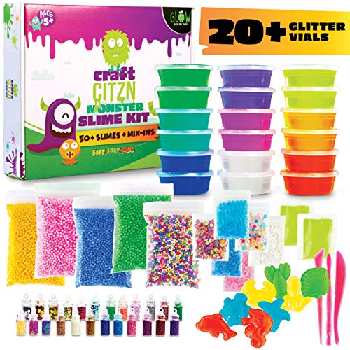 Product Cover DIY Slime Making Kit - Perfect Arts and Crafts for Girls & Boys - Best Slime Kit for Glow in The Dark Slime w Slime Supplies to Make Your own Clear Slime, 20 Plus Glitter Vials & Play Doh Containers