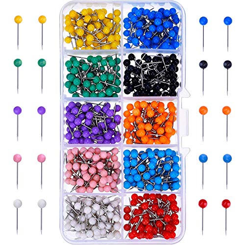 Product Cover 500 Pieces Multi-Color Push Pins Map Tacks,1/8 inch Round Head with Stainless Point,10 Assorted Colors in reconfigurable Container for Bulletin Board, Fabric Marking, map pins.
